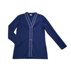 Vintage Womens 10 Ribbed Button Up V Neck Polyester Shirt Blouse Navy White USA